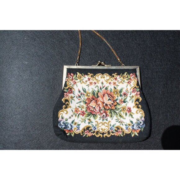 Vintage Floral Tapestry Handbag Goldtone Clasp Rope Chain Handle - Picture 4 of 9